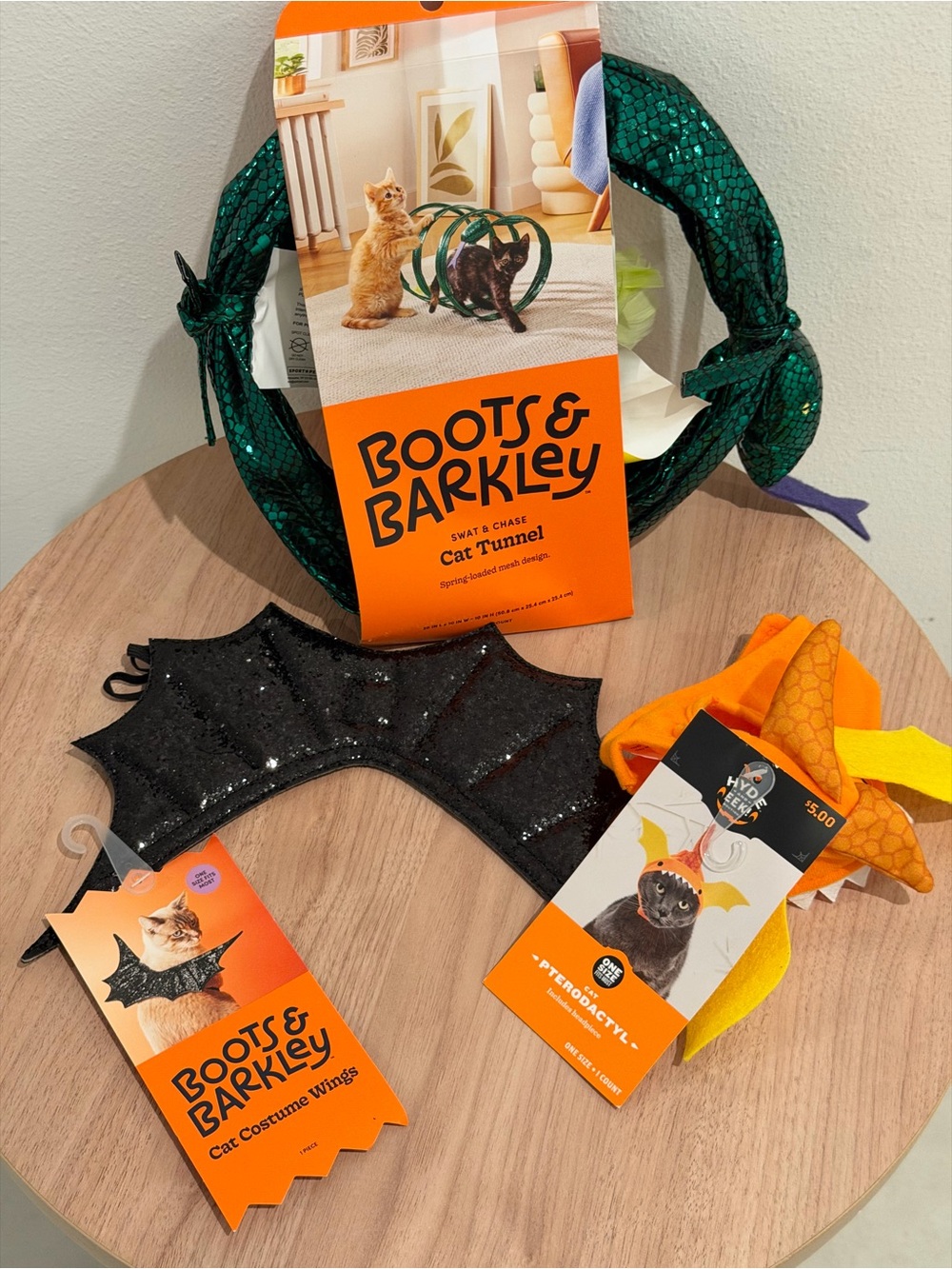 Boots & Barkley Cat Costume Wings, pterodactyl hat and snake cat tunnel